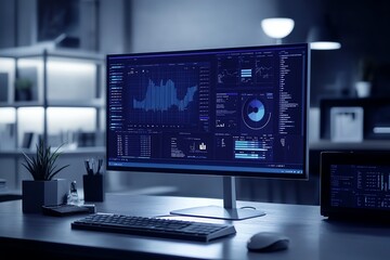 Fototapete - A modern office desk with a desktop computer displaying charts and graphs. The desk is also equipped with a keyboard and mouse.