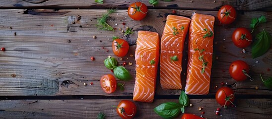 Raw Fillets Of Red Fish On Wooden Table Salmon Cooking Healthy Diet Dishes For Dinner