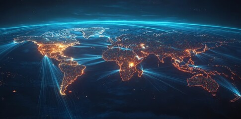 Leinwandbilder - A nighttime view of the world with glowing cities and connecting lines.