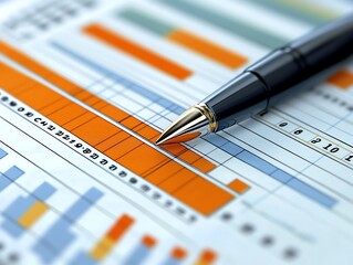 Poster - A pen lays on a graph showing orange and blue bars and numbers, close up.