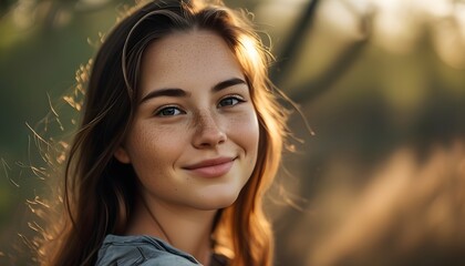 Canvas Print - Gentle smile of a freckled young woman in a blurred natural setting, radiating warmth and natural beauty