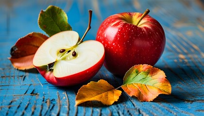 Wall Mural - Rustic Display of Fresh Red Apples and Sliced Halves Surrounded by Leaves on a Blue Wooden Background for an Autumn Harvest Vibe