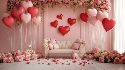 Heart shaped Balloons and Roses Decorating a Room for Valentine s Day