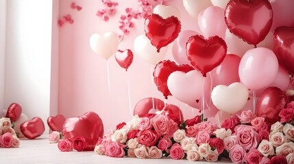 Heart Shaped Balloons and Roses Decorating Room for Valentine s Day