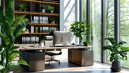 Wall Mural - Modern office space filled with natural light, vibrant greenery, and an organized desk creating a refreshing work environment