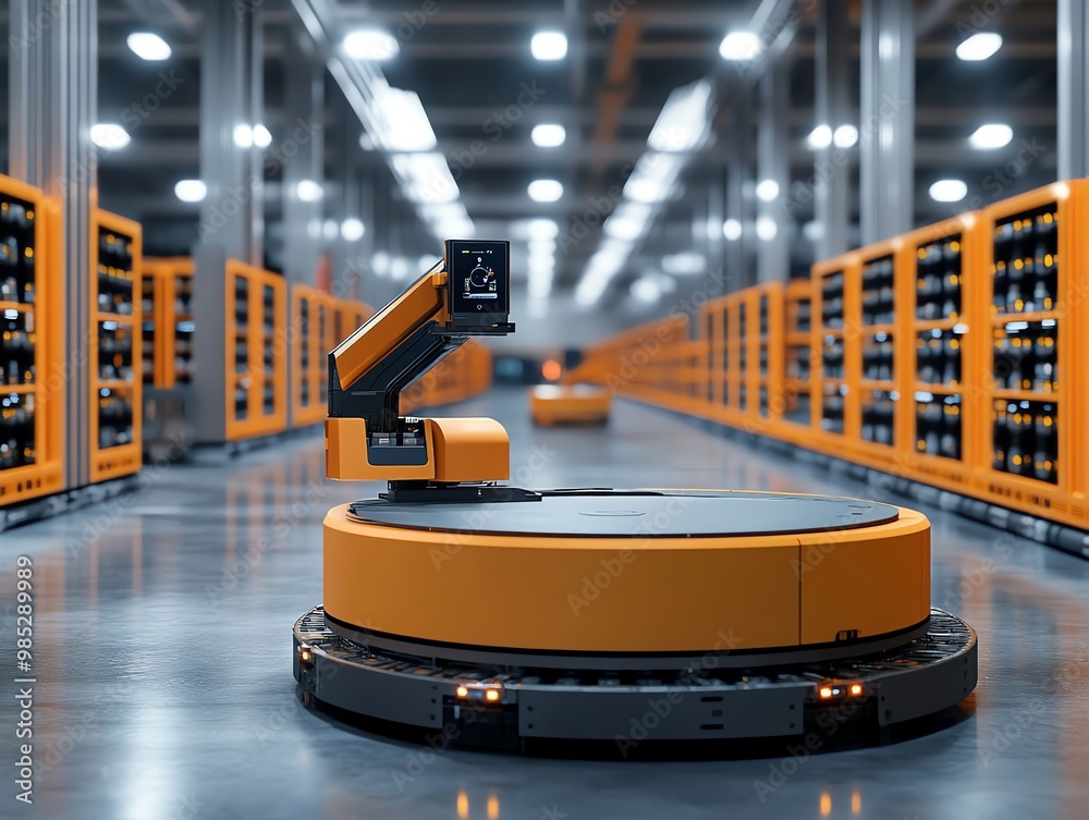 A robotic arm on a round automated guided vehicle (AGV) in a warehouse ...