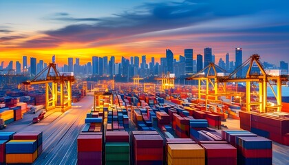 Wall Mural - Vibrant Shipping Container Port with Towering Cargo Stacks and Modern City Skyline at Dusk