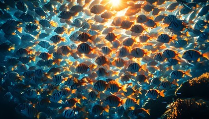 Wall Mural - Synchronized School of Fish Swimming Under Shimmering Sunlight in a Vibrant Underwater Scene