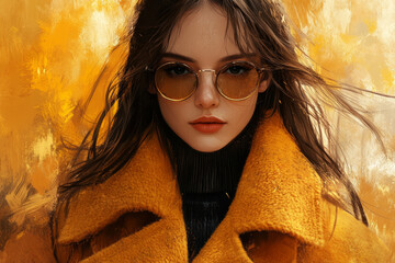 Sticker - A woman in a yellow coat and sunglasses is the main subject of the image