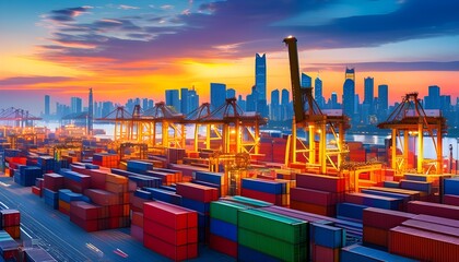 Wall Mural - Vibrant Shipping Container Port with Towering Cargo Stacks and Modern City Skyline at Dusk