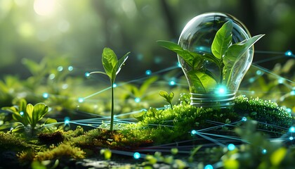 Wall Mural - Sustainable Future: Growing Plant and Digital Network Showcasing Green Energy Innovation in Natural Environment