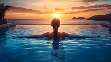 Woman Relaxing in Infinity Pool at Sunset - Realistic Image