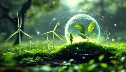 Wall Mural - Sustainable Future: Growing Plant and Digital Network Showcasing Green Energy Innovation in Natural Environment