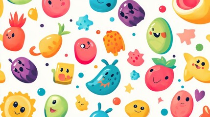 Cute Cartoon Characters Seamless Pattern   Colorful Funny Faces  White Background  Happy Illustration