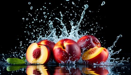 Wall Mural - Vibrant Nectarines Splashed in Water Against Black Background, Capturing Freshness and Clean Eating in Stunning High-Speed Photography