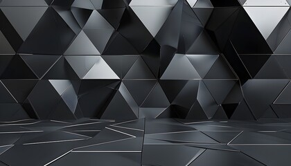 Wall Mural - Futuristic geometric black tile wall design with polished blocks, showcasing a modern abstract aesthetic for contemporary interiors