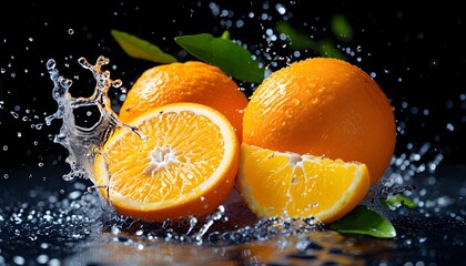 Wall Mural - Vibrant Splash of Fresh Juicy Oranges Against Black Background, Captivating Citrus Fruit Imagery for Summer Refreshment and Health