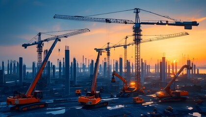 Wall Mural - Dawn at Construction Site: Double Exposure of Workers and Cranes in Blue and Orange Symbolizing Progress and Growth