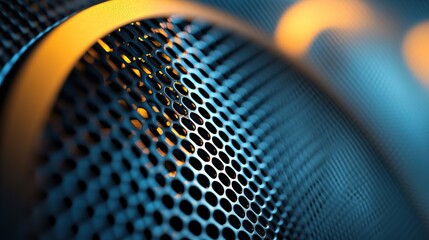 Close-up of a metal grill with a blurred orange glow in the background.