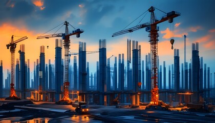 Wall Mural - Dawn at Construction Site: Double Exposure of Workers and Cranes in Blue and Orange Symbolizing Progress and Growth