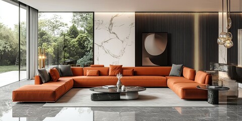 Canvas Print - modern living room with U shape luxury salmon sofa set and elegant marble floor 