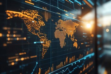 Fototapete - A world map made of data points on a digital screen with glowing blue lines and orange bars.