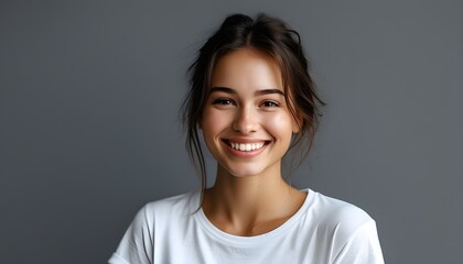 Cheerful natural beauty portrait of a young woman in a white t-shirt against a grey backdrop, radiating happiness and positive energy