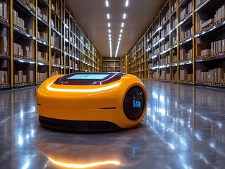 Poster - A yellow autonomous robot moves through a warehouse with shelves stocked with cardboard boxes.