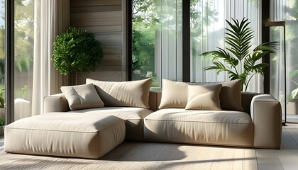 Wall Mural - Cozy Modern Minimalist Living Room with Beige Sofa, Abundant Indoor Plants, and Sunlit Large Windows