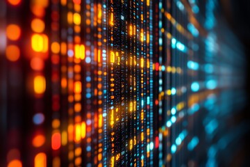 Aufkleber - Abstract background of bright orange and blue lights in server room with blurred and glowing rows of data.