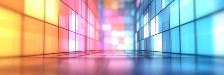 Wall Mural - Abstract corridor with colorful walls and glowing lights.