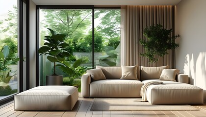 Wall Mural - Cozy Modern Minimalist Living Room with Beige Sofa, Abundant Indoor Plants, and Sunlit Large Windows