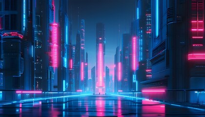 Wall Mural - Futuristic cyberpunk cityscape glowing with blue and pink neon lights, featuring advanced superstructures in a sci-fi urban environment, inspiring technological innovation and urban development