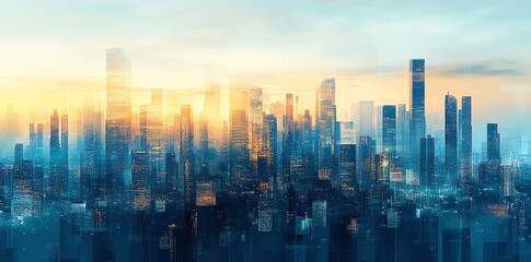 Poster - Abstract cityscape with skyscrapers at sunrise.