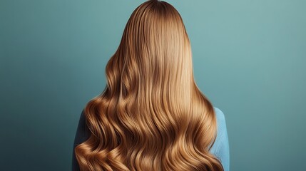 A woman with long, flowing, wavy, light brown hair stands in front of a teal blue background.