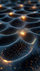 Poster - Abstract dark blue background with a glowing yellow light in the center and small, bright dots scattered across the surface.