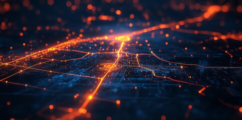 Poster - Abstract digital city with glowing orange lines and lights.
