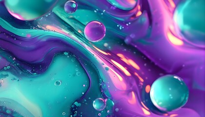 Wall Mural - Dynamic 3D Abstract Art Blending Purple and Turquoise with Bubbling Motion and Captivating Light Effects