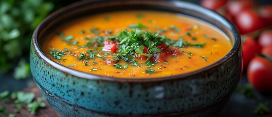 Wall Mural - Closeup of a bowl of tomato soup with fresh parsley garnish.