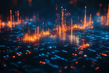 Poster - Abstract futuristic background with glowing orange and blue lines on a dark background.