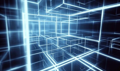 Poster - Line art illustration of geometric squares in a luminous 3D space creating an abstract backdrop