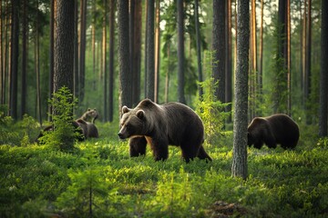 Wall Mural - Green forest landscape with grizzly bears in Finland during daylight. Large carnivorous mammals roam freely in wilderness. Big furry creatures inhabit wild nature outdoors.