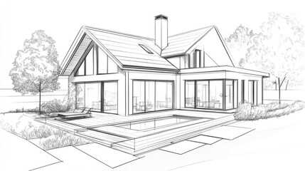 Poster - line art illustration of architectural design for a house in 3d perspective