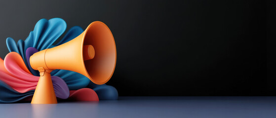 A large orange microphone is on a table with a colorful background