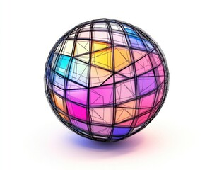 Poster - Line art illustration of a dimensional wireframe low poly object featuring a spherical colorful faceted shape with a black grid representing a 3D mesh element for engineering design