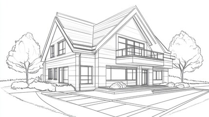 Wall Mural - Line art illustration depicting an architectural sketch of a house building in 3D perspective