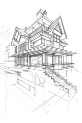 Poster - line art illustration of architectural design of a house in a three dimensional perspective