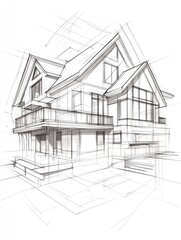 Poster - line art illustration depicting architectural concepts of a house building in a 3d sketch format
