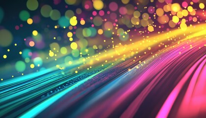 Poster - Vibrant line art illustration featuring an array of dynamic green yellow blue and pink light patterns with a contemporary blurred background showcasing artistic lighting effects