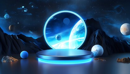 Canvas Print - Futuristic 3D E-commerce Display Stand in a Glowing Sci-Fi Space with Creative Background Elements